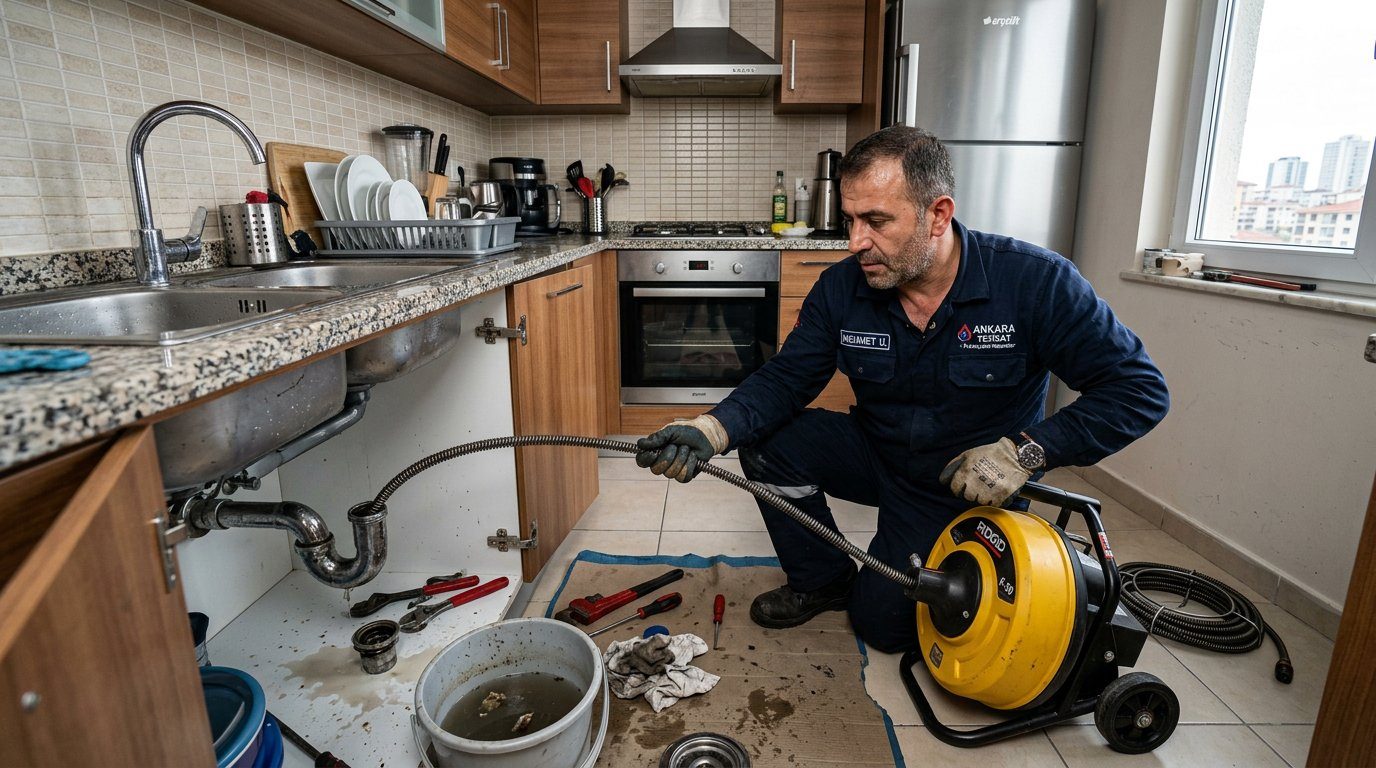 Mutfak evyesi altında sifon ve gider bağlantısı